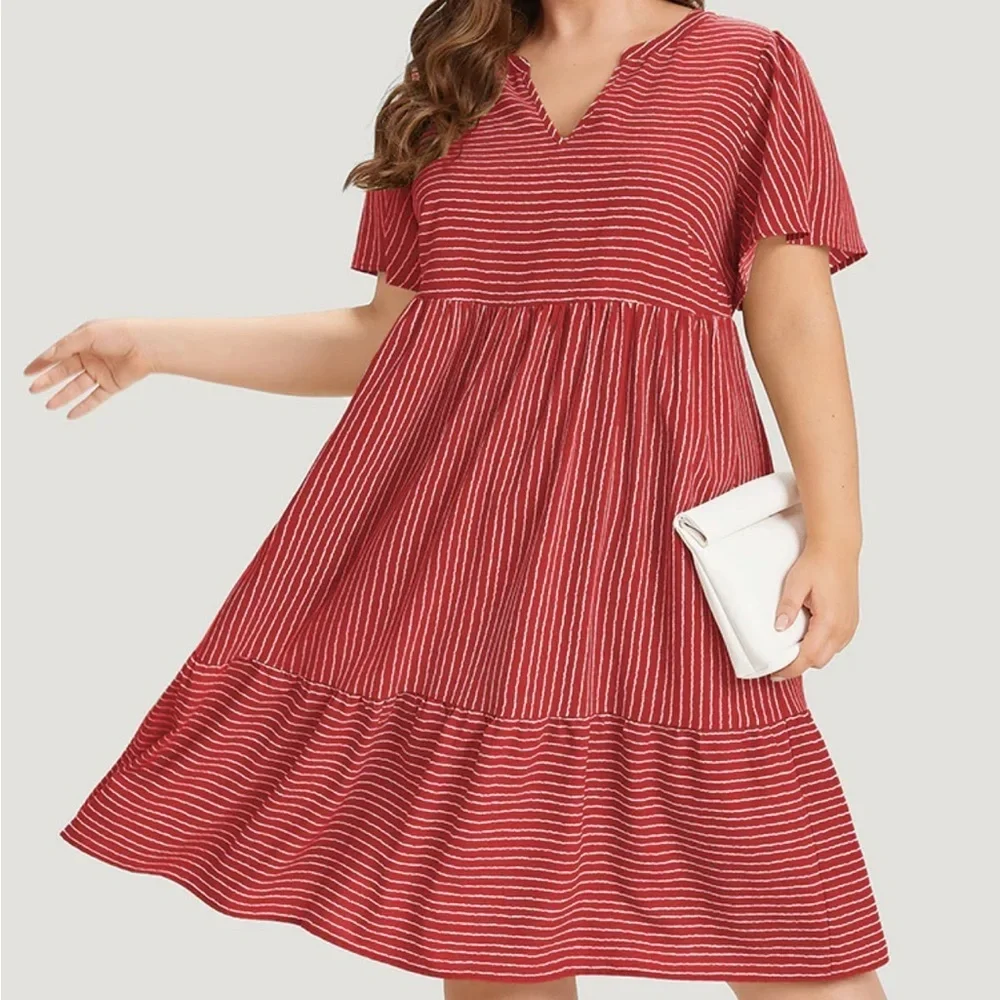 NWT! Red striped patchwork notched pocket fluttered layered dress size 12 L